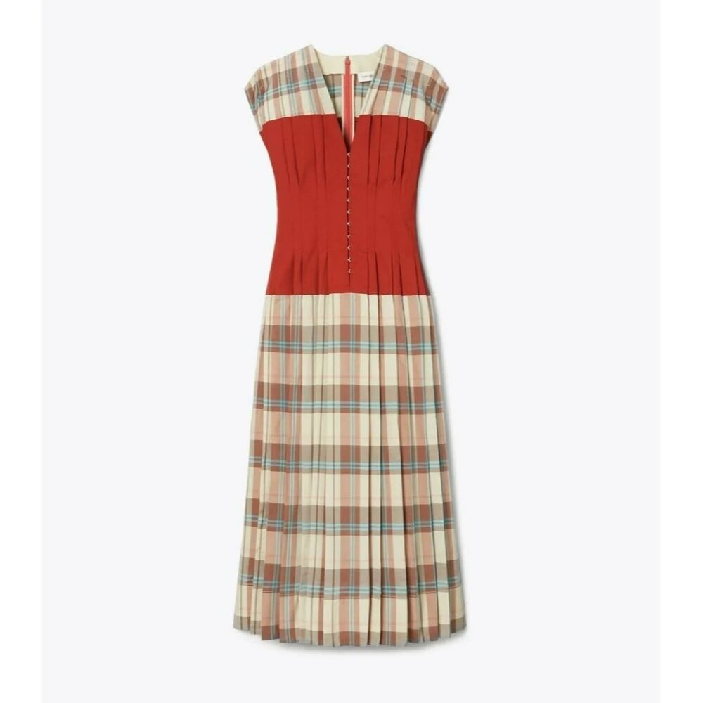 T-178. Tory Burch Madras Plaid Silk Clear Dress McCardell Madras Plaid Red US 4 - Picture 1 of 11